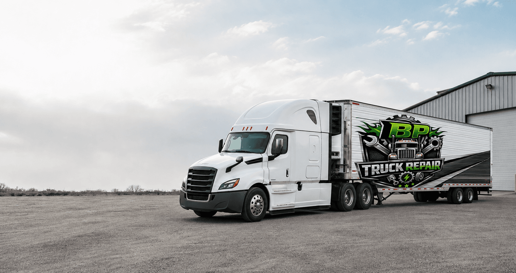 Heavy duty semi truck in a dark industrial service yard